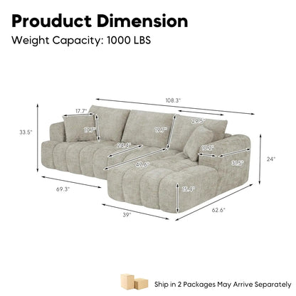 108” Cloud Modular Sectional Sofa Couch with Deep Seat, Modern L-Shaped Boneless Couch with Chaise, Comfy Chenille, Customized