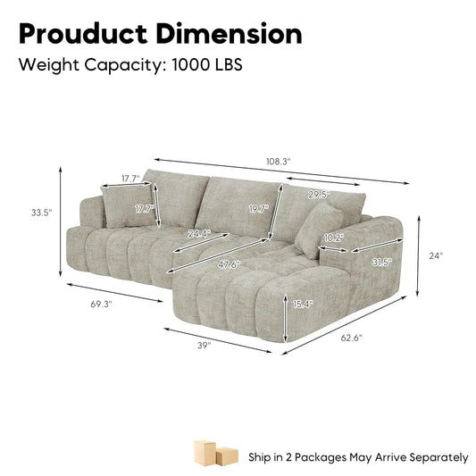 108” Cloud Modular Sectional Sofa Couch with Deep Seat, Modern L-Shaped Boneless Couch with Chaise, Comfy Chenille, Customized