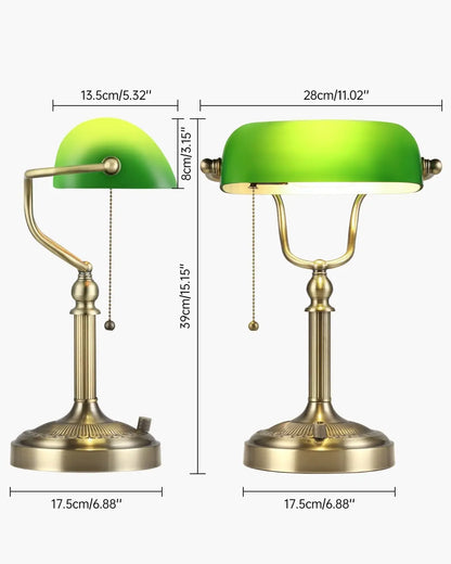 Green Glass Bankers Desk Lamp, Stepless Dimmable Table Lamp Plug in Fixture for Study, Office, LED Bulb Included