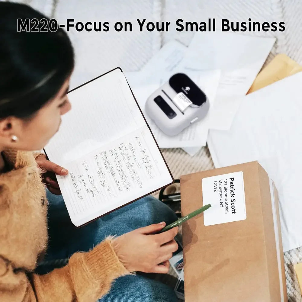 Phomemo M220 Label Printer Portable Handheld Thermal Maker Bluetooth Barcode QR Code Sticker Paper Rolls Labeller White 75mm Tag