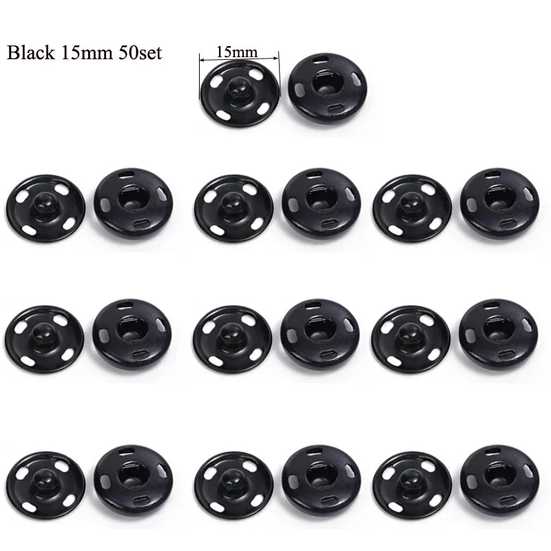 10/50Set 10-21mm Metal Sew-on Snap Buttons Black Silver Color DIY Sewing Clothing Snap Fastener Buttons Craft Press Studs Button