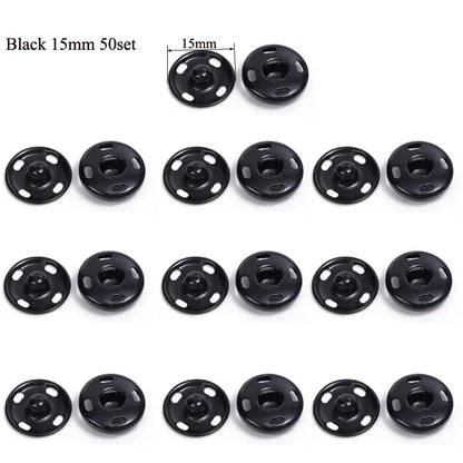 10/50Set 10-21mm Metal Sew-on Snap Buttons Black Silver Color DIY Sewing Clothing Snap Fastener Buttons Craft Press Studs Button