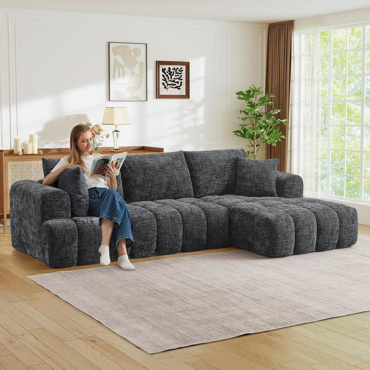 108" W Modular Sectionals Sofa,Cloud Boneless Couch with Chaise,Chenille Tufted Deep Seat L Shaped Couch,Modern Compression Foam