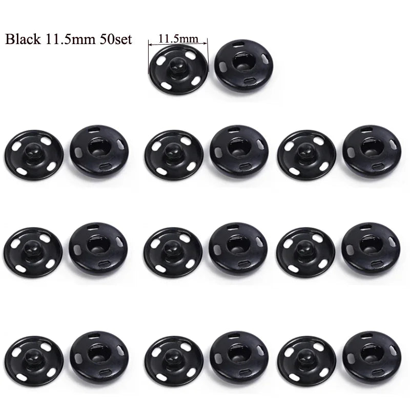 10/50Set 10-21mm Metal Sew-on Snap Buttons Black Silver Color DIY Sewing Clothing Snap Fastener Buttons Craft Press Studs Button