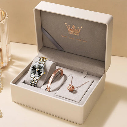 OLEVS Original Brand Elegant Women's Watches Waterproof Luminous Quartz Watch for Lady Necklace Bracelet Gift Box Set Calendar