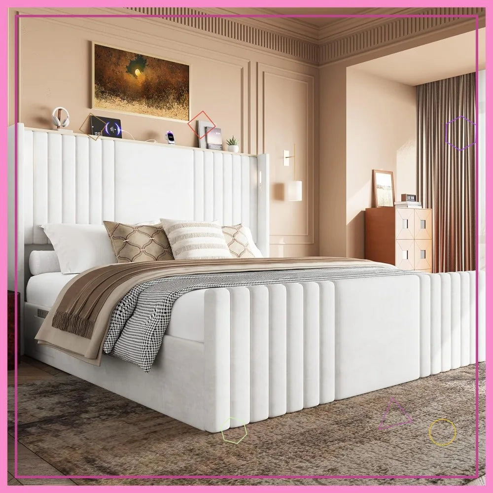 King Size Bed Frame with Tall Headboard, Velvet Upholstered Platform Bed with Reading Lights, Storage Shelf, Charging Station