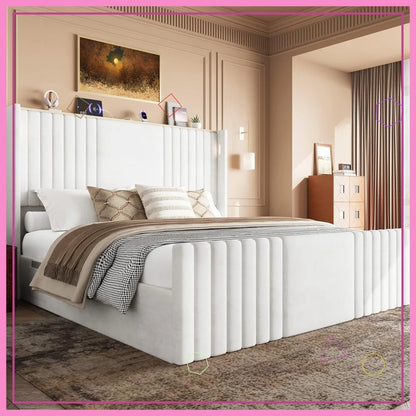 King Size Bed Frame with Tall Headboard, Velvet Upholstered Platform Bed with Reading Lights, Storage Shelf, Charging Station