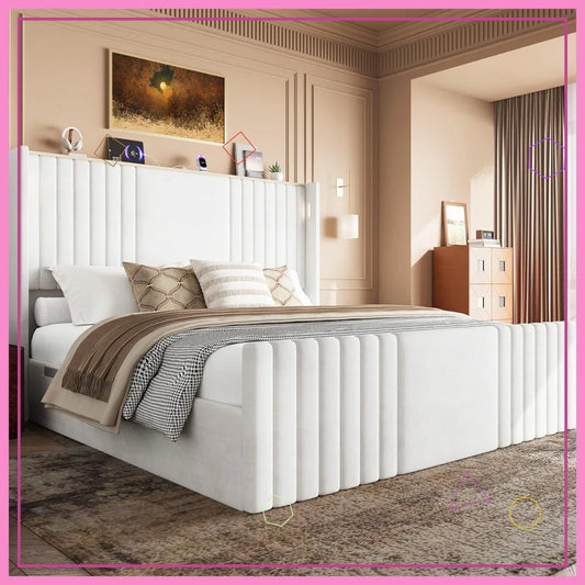 King Size Bed Frame with Tall Headboard, Velvet Upholstered Platform Bed with Reading Lights, Storage Shelf, Charging Station