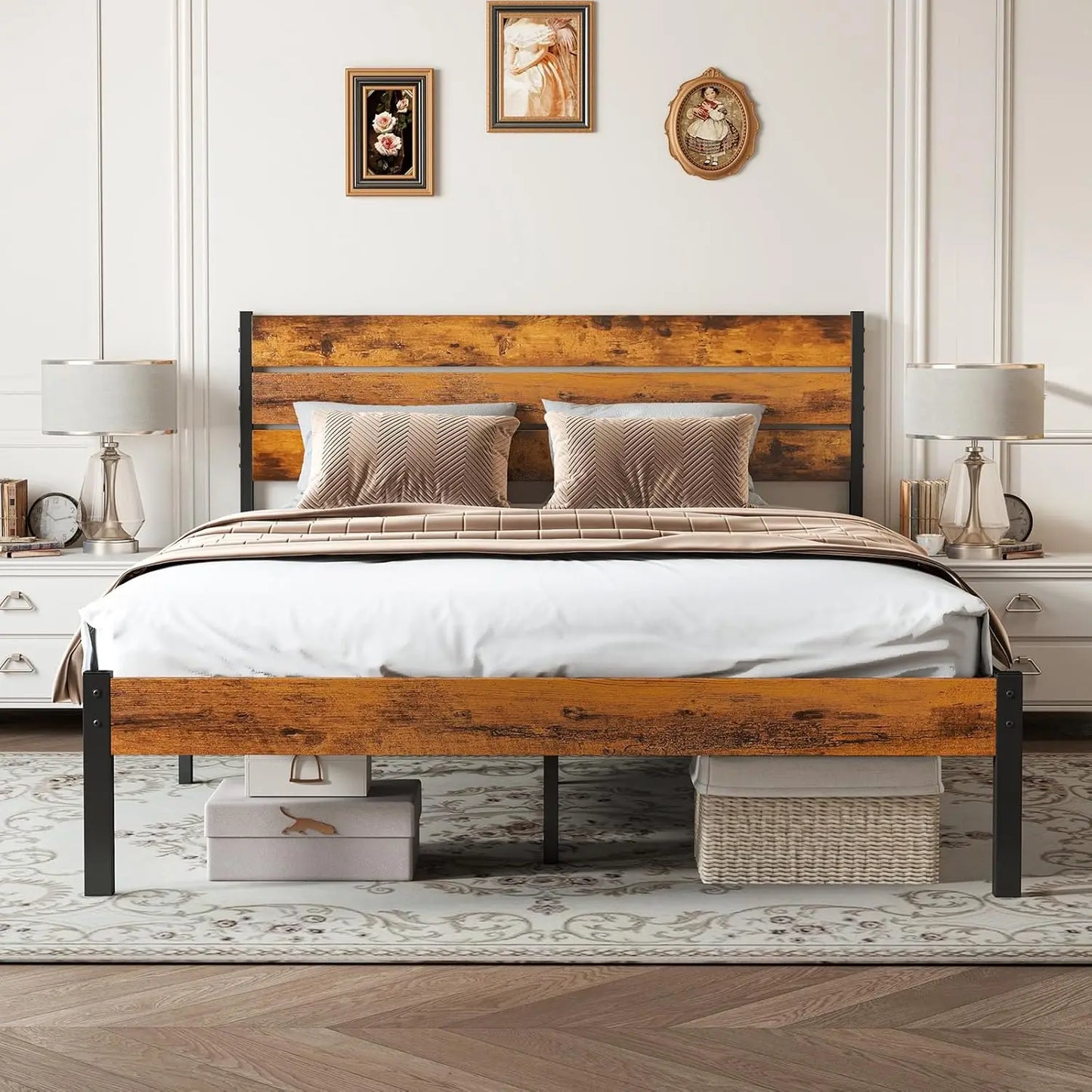 Full Size Bed Frame with Headboard, 800LBS Support, Under Bed Storage, Easy Assembly, Rust Brown - Durable Metal Foundation