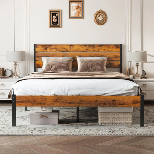 Full Size Bed Frame with Headboard, 800LBS Support, Under Bed Storage, Easy Assembly, Rust Brown - Durable Metal Foundation