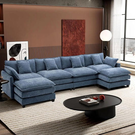 146" U-Shaped Modern Sofa Modular Sectional Cloud Couch with 2 Ottoman, 6-Seat Chenille Deep Seat Sofa with 6, Customized
