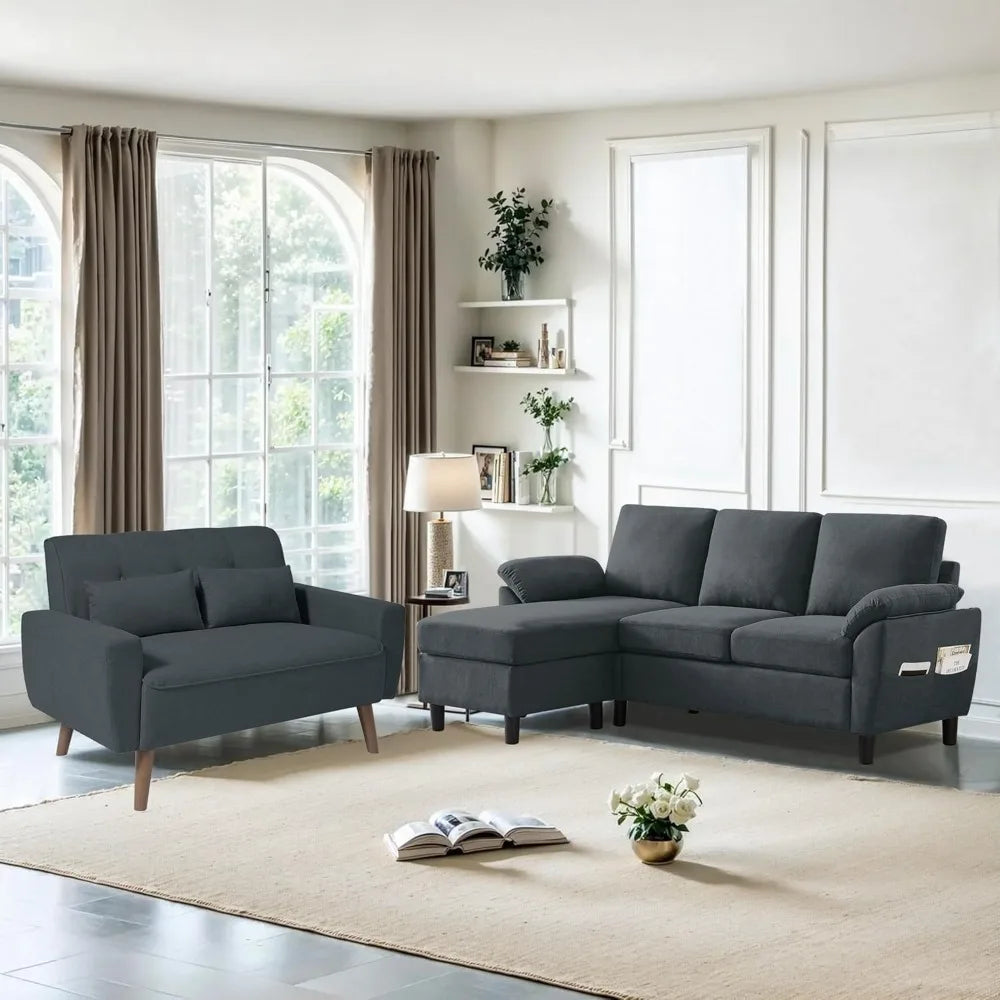 79" Convertible Sectional Sofa Sets, Modern L Shaped 3-Seat Couches with Reversible Chaise and Loveseat Sets for Living Room