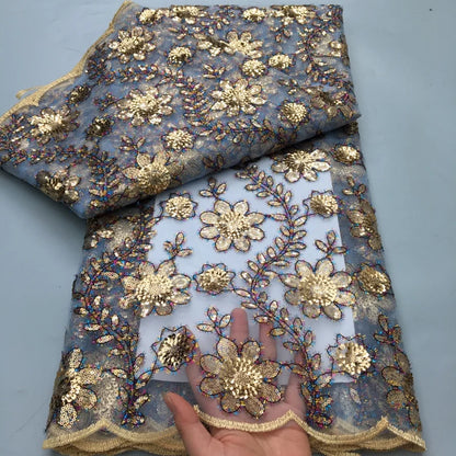 20225 French Flocking Tulle Lace Fabric High Quality 5 Yards Embroidered Sequins African Nigerian Lace Fabric for women Sewing