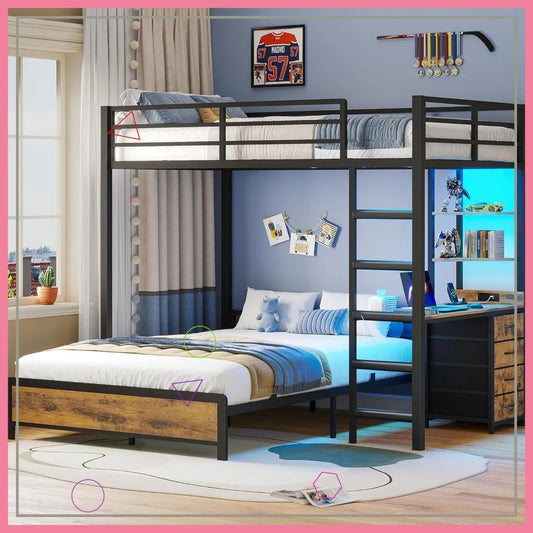 Twin Over Full Bunk Bed with Desk, Charging Station, LED Lights & Storage for Kids/Teens - Space-Saving Loft Bed