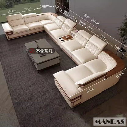 MINGDIBAO Premium Italian Genuine Leather Sofa Set for Living Room with Adjustable Headrests, Bluetooth Speaker, Wireless Charge