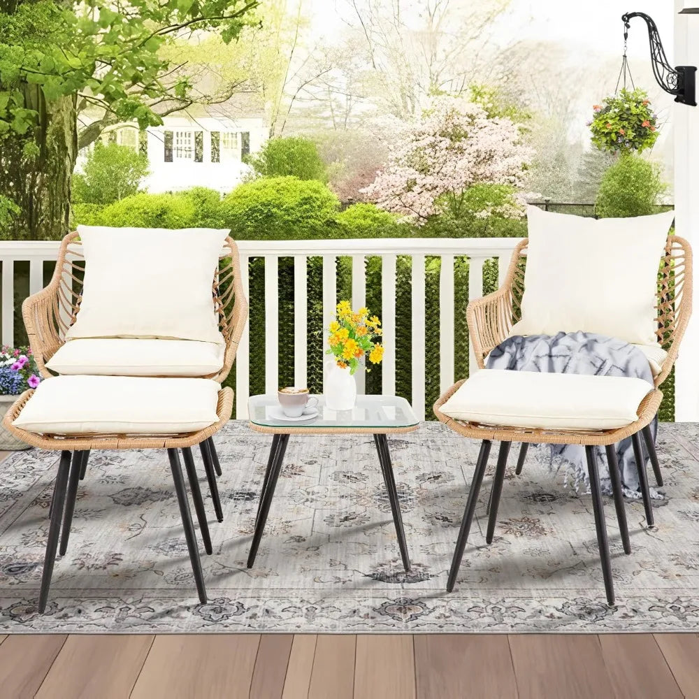5 Piece Patio Bistro Set with Ottoman, Outdoor Wicker Apartment Balcony Furniture Sets, Rattan Table and Chairs Set of 2