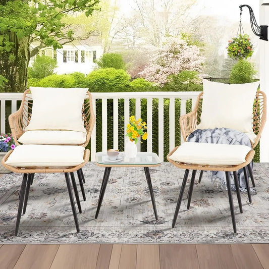 5 Piece Patio Bistro Set with Ottoman, Outdoor Wicker Apartment Balcony Furniture Sets, Rattan Table and Chairs Set of 2
