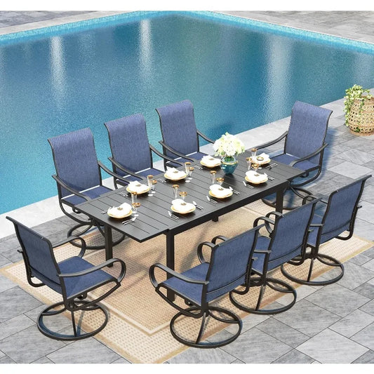 9-Piece Outdoor Dining Set for 8, with Swivel Chairs & Table, All Weather Blue