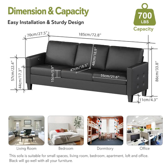 73” Black Faux Leather Sofa Couch, Modern Comfy Office 3 Seater Couch Loveseat with Tufted Armrest and USB, Customized