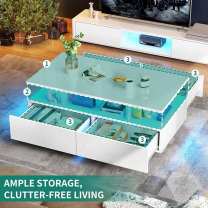 led coffee tables for living room, high glossy coffee table with storage 4 sliding drawers, small rectangular led coffee table