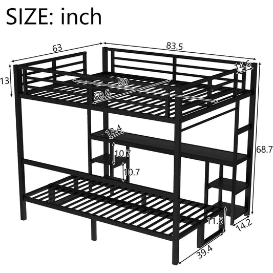 Futon bunk Bed Twin XL Over Queen, Queen loft Bed with futon and Desk and Shelves, LED, USB, Black
