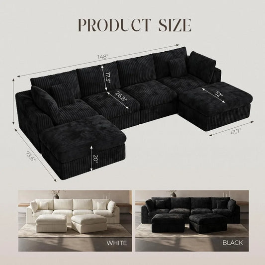 148” Cloud Sectional Couches for Living Room, Modular U Shaped Sofa with Ottoman, Deep Seat Chenille Sectional for, Customized
