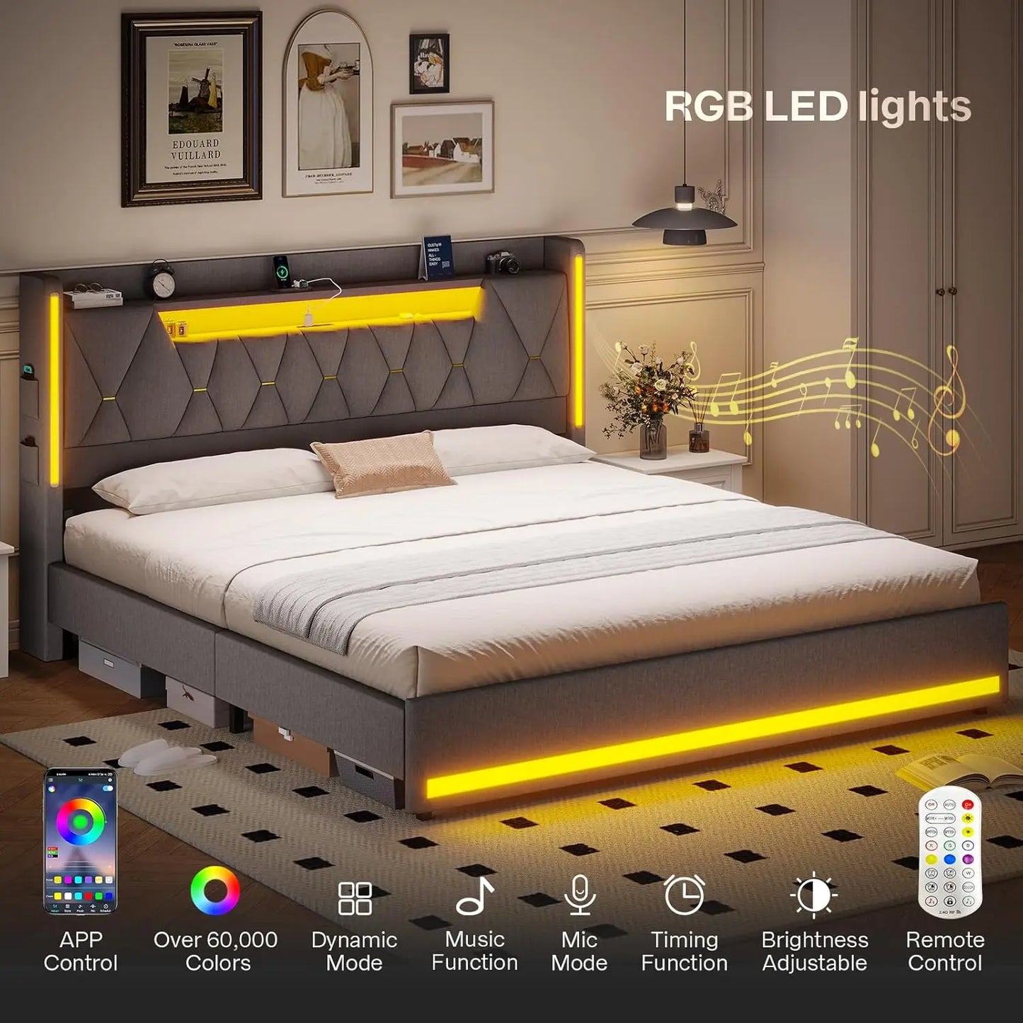 Platform Bed Frame King Size with Storage Headboard and LED Lights,King Size Bed Frame, Upholstered Headboard