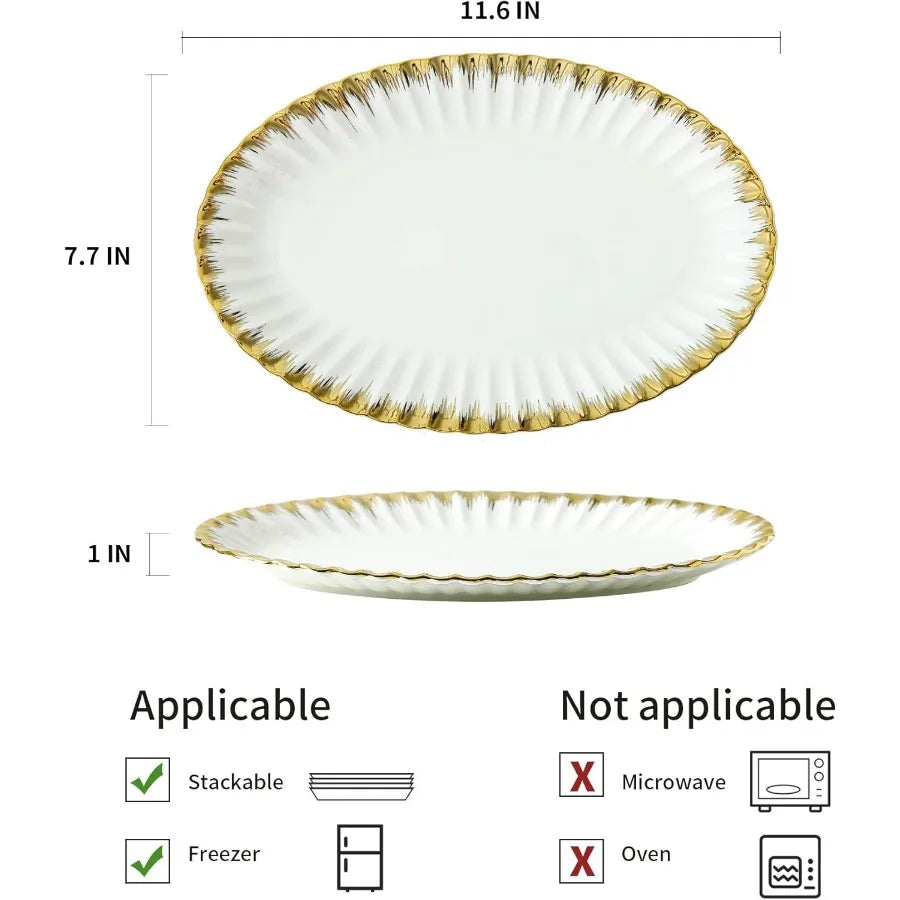 Ceramic Oval Serving Platters 12 Inch Porcelain White Dinner Plates with Gold Trim for Party Entertaining Ideal for Serving San
