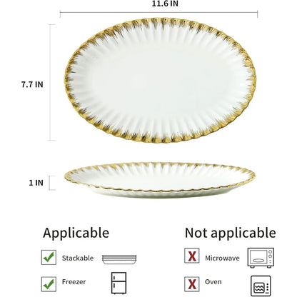 Ceramic Oval Serving Platters 12 Inch Porcelain White Dinner Plates with Gold Trim for Party Entertaining Ideal for Serving San