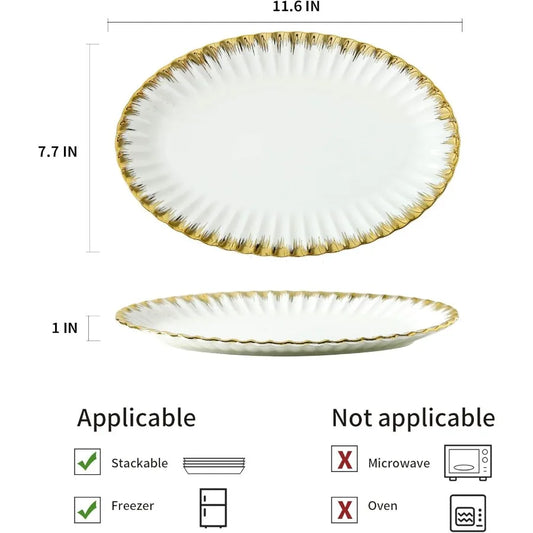 Ceramic Oval Serving Platters 12 Inch Porcelain White Dinner Plates with Gold Trim for Party Entertaining Ideal for Serving San