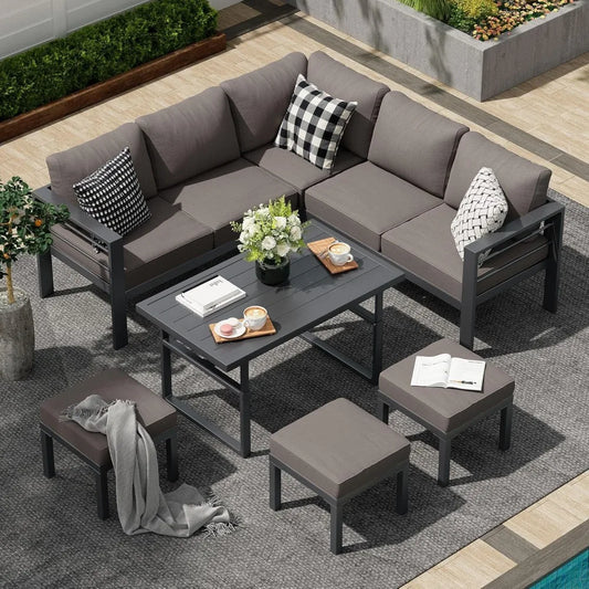 HOME - Aluminum Patio Furniture Set, Modern Outdoor Conversation Table and Chair Sofa Sets with Dark Grey Cushions-Hot Sale