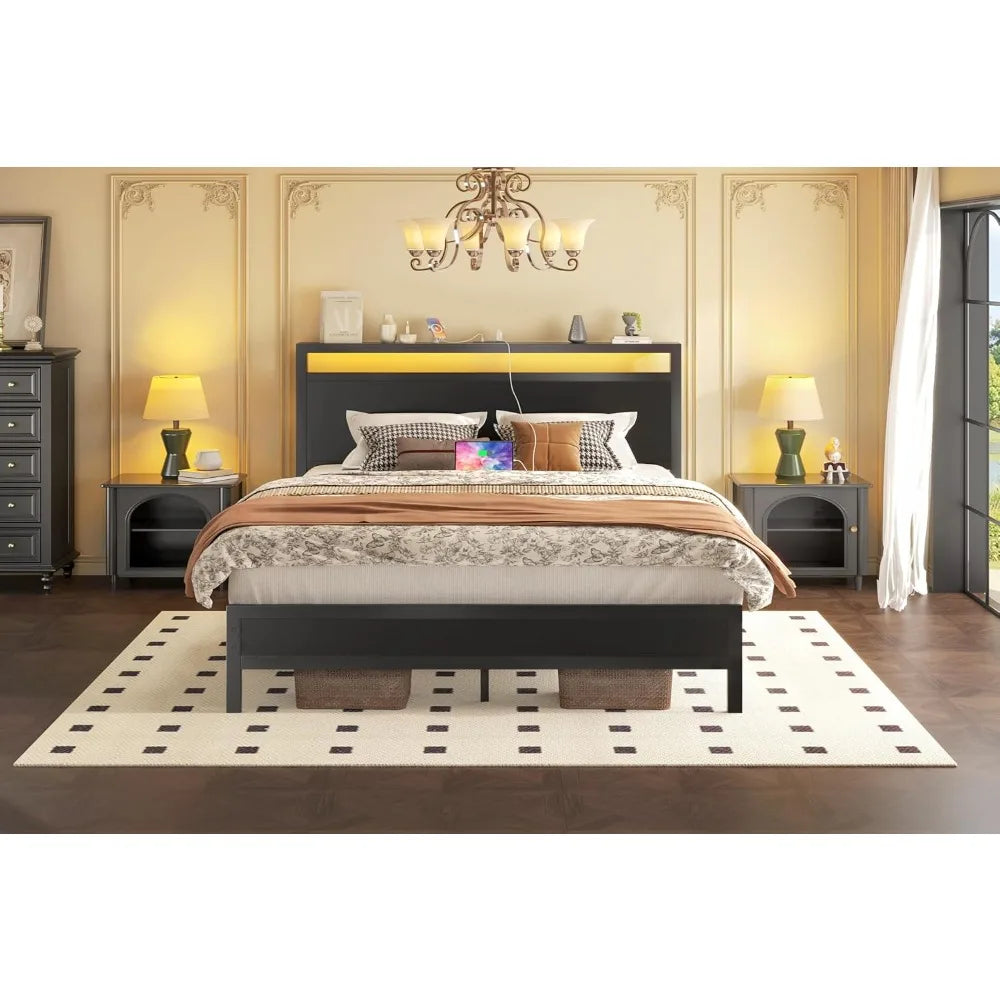 Bed Frame with Headboard & Footboard, Bed Frame with Built-in Charging Station & LED Light, Storage Shelf,, Customized
