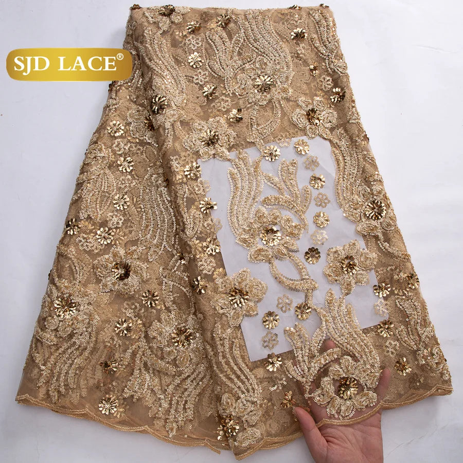 SJD LACE French Mesh Lace Fabric with Beads 2025 High Quality Nigerian African Net Tulle Lace for Sewing Women Wedding Dress4319
