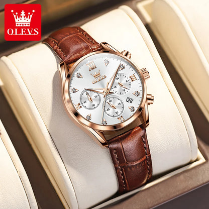 OLEVS Women's Watches Luxury Waterproof Luminous Quartz Watch Multifunctional Leather Strap Original Certified Brand Wristwatch