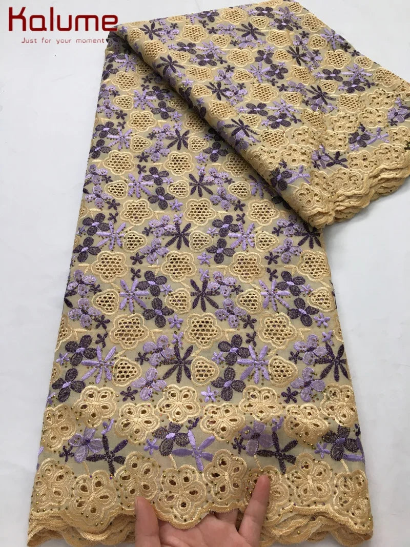 Kalume African Cotton Embroidered Lace Fabric With Stones 2025 Nigerian Swiss Voile Lace Fabric Flower For Sewing Dress F4325