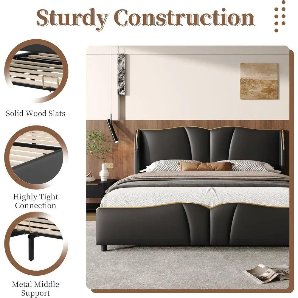 Modern Luxury Leather Platform Bed Frame - Wingback Headboard & Wavy Footboard, No Box Spring Required