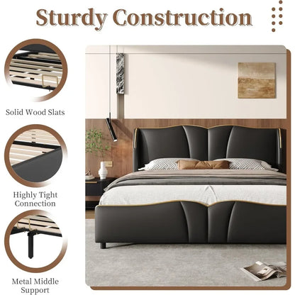 Modern Luxury Leather Platform Bed Frame - Wingback Headboard & Wavy Footboard, No Box Spring Required