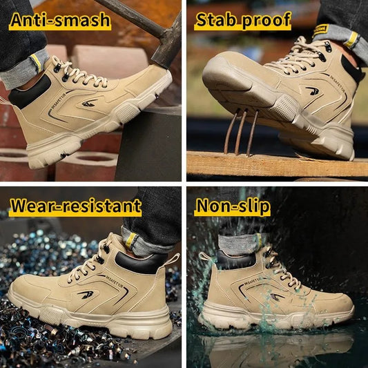 Men's Durable High-Top Steel Toe Safety Shoes, Slip-Resistant, Anti-Puncture, Anti-Crush, Suitable for Work, Industry, Construct