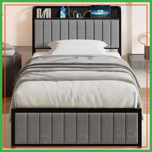 Twin Size Bed Frame with Upholstered Headboard, Heavy-Duty Steel Slats, Easy Assembly in Grey & Black