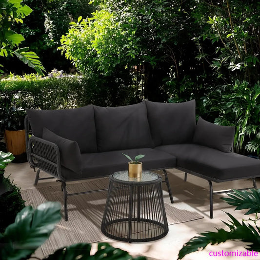 3-Piece Outdoor Patio Furniture Set, L-Shaped Rattan Sectional Sofa with Thick Cushions, Glass Coffee Table – Conversation Set