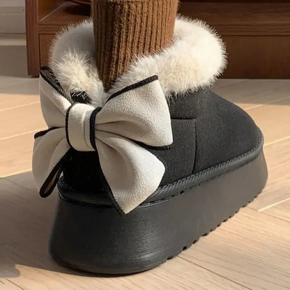 2024 New Bow Women's Thick-Soled Warm Fleece-Lined Cotton Shoes Versatile Snow Boots Korean Style Increased Height For Students