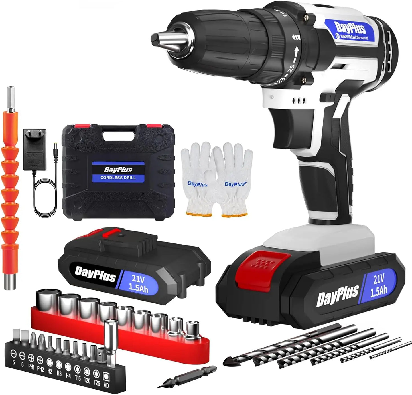 DayPlus 21V Portable Cordless Power Drill Set Impact Screw Driver with 1500mAh Li-Ion Battery 25+1 Torque Setting 45N.m