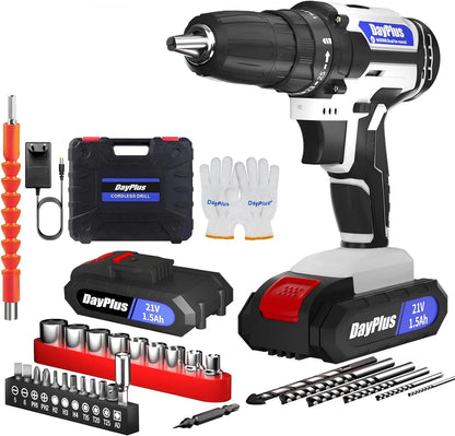DayPlus 21V Portable Cordless Power Drill Set Impact Screw Driver with 1500mAh Li-Ion Battery 25+1 Torque Setting 45N.m