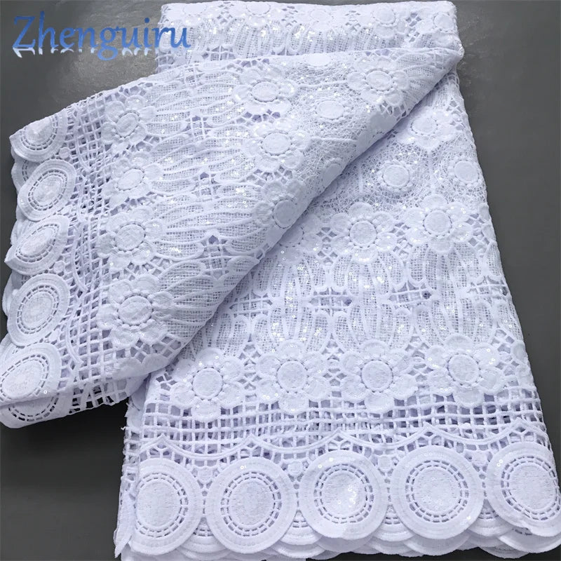 Pure White Nigerian Guipure Lace Fabric 2025 High Quality Water Soluble African Sequin Cord Lace Fabric for Party Dress Sew 4025