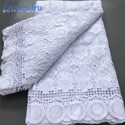 Pure White Nigerian Guipure Lace Fabric 2025 High Quality Water Soluble African Sequin Cord Lace Fabric for Party Dress Sew 4025