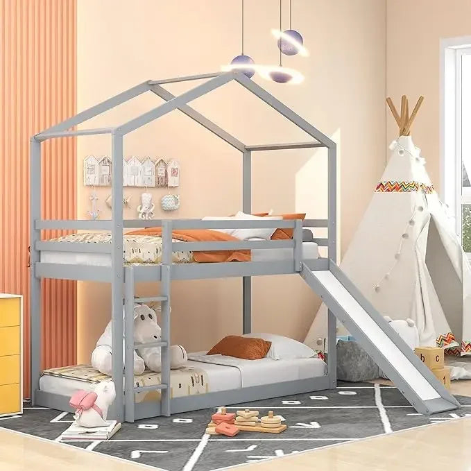 House Bunk Bed with Convertible Slide and Ladder, Floor Bunk Bed Twin Over Twin Bunk Bed with Roof and Security Guardrails