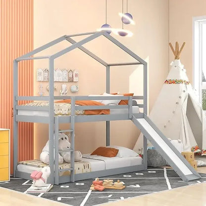 House Bunk Bed with Convertible Slide and Ladder, Floor Bunk Bed Twin Over Twin Bunk Bed with Roof and Security Guardrails