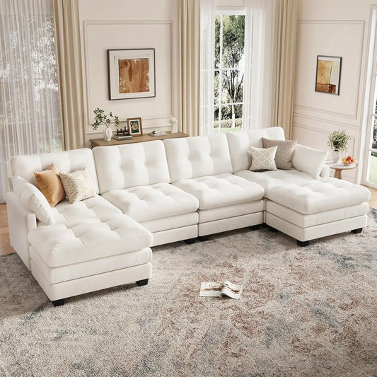 Modular Sectional U Shaped Sofa Couches for Living Room, Cloud Couch with Movable Ottoman, Comfy Chenille Sofa , Customized