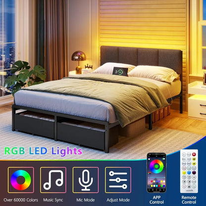 Bed Frame with Headboard, Upholstered  Bed Frame with LED Light, USB Charging Station, Platform, Customized
