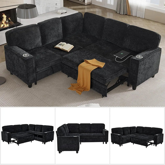 81" Modular Sectional Sofa, Pull Out Couch L Shaped 5-Seater Sectional with Hidden Storage, Cup Holders & USB, Customized